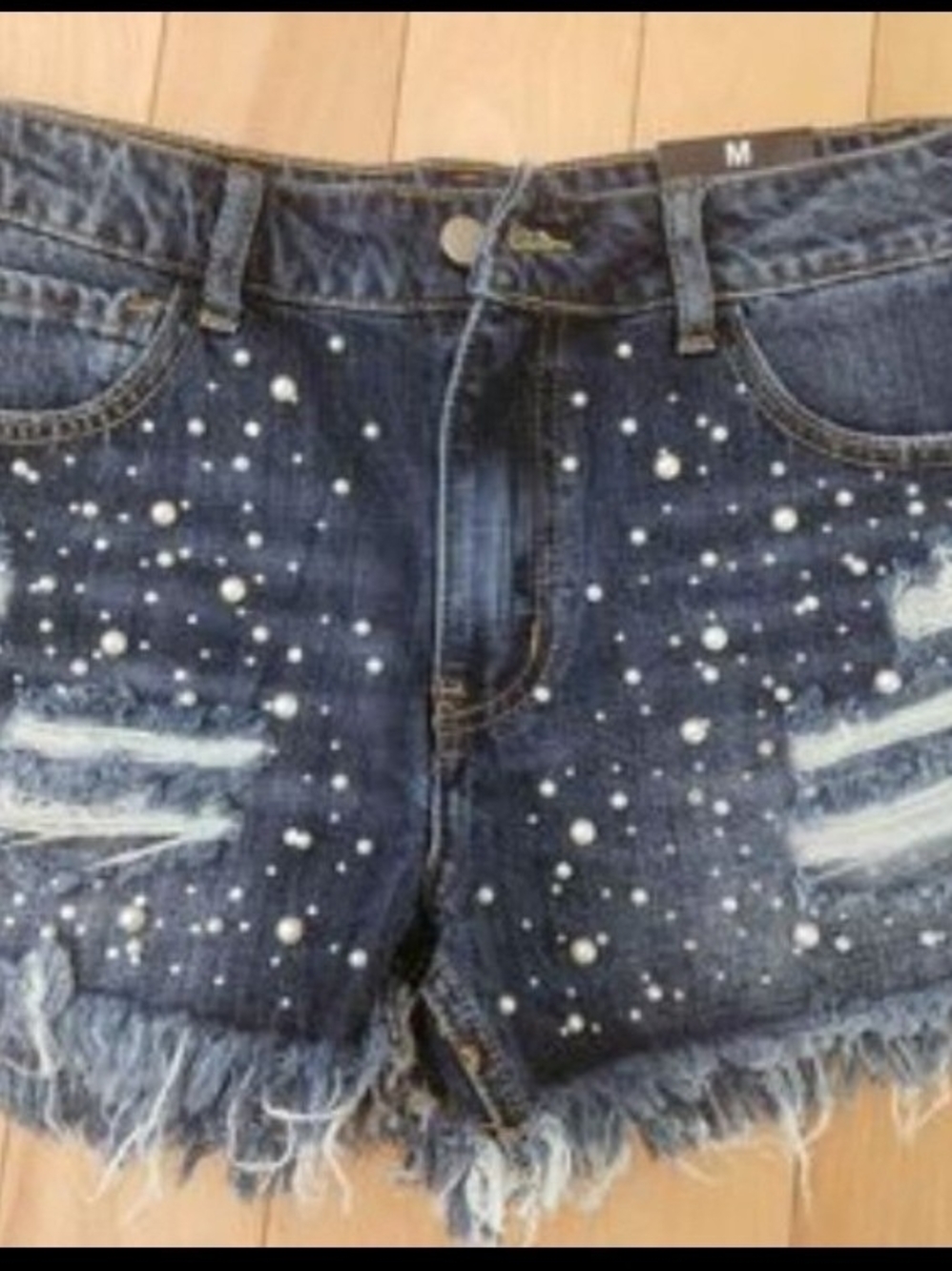 Pearl-Embellished Dark Blue Denim Shorts By Vocal - Women Sz M *New*